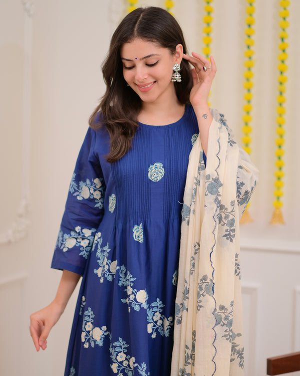Azure Blue Ivory Garden Mul Chanderi Suit