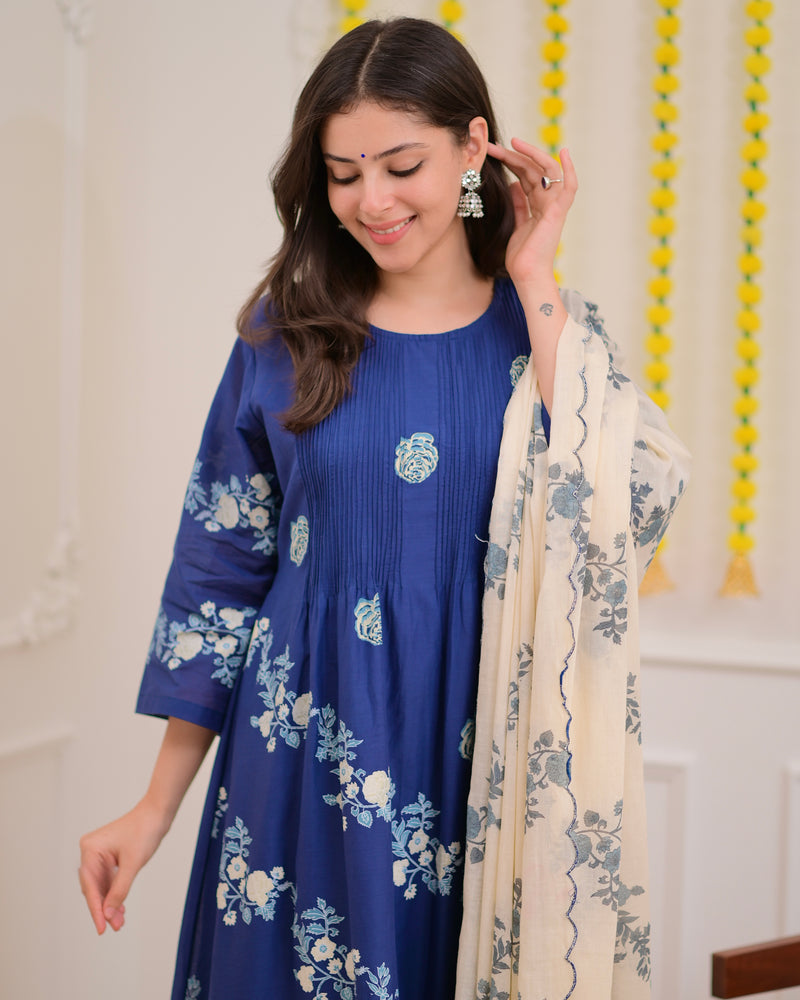 Azure Blue Ivory Garden Mul Chanderi Suit