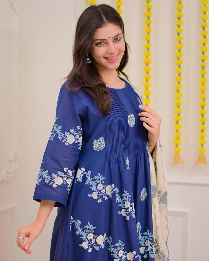 Azure Blue Ivory Garden Mul Chanderi Suit
