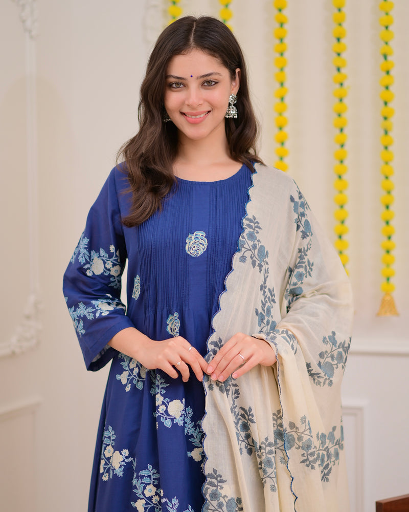 Azure Blue Ivory Garden Mul Chanderi Suit