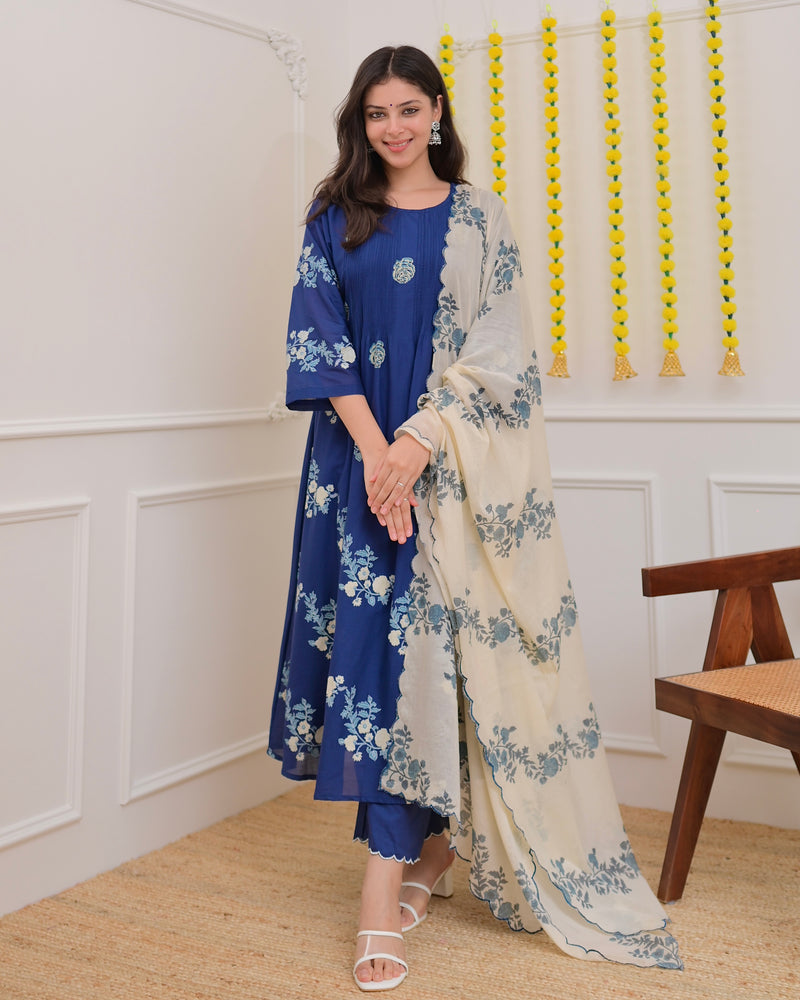 Azure Blue Ivory Garden Mul Chanderi Suit
