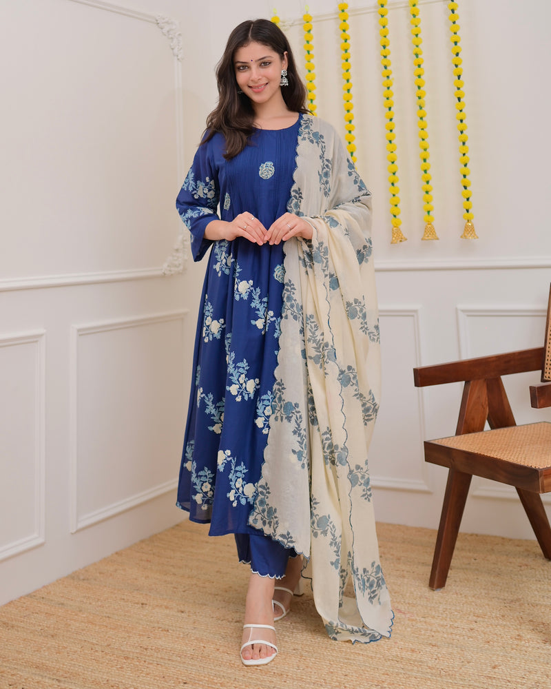 Azure Blue Ivory Garden Mul Chanderi Suit