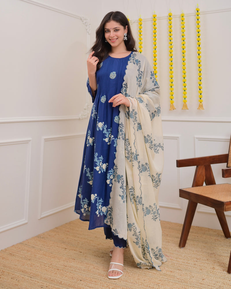 Azure Blue Ivory Garden Mul Chanderi Suit