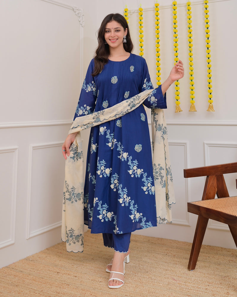 Azure Blue Ivory Garden Mul Chanderi Suit