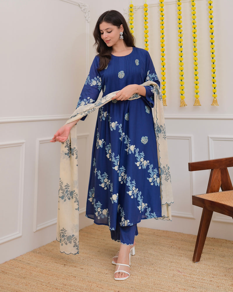 Azure Blue Ivory Garden Mul Chanderi Suit