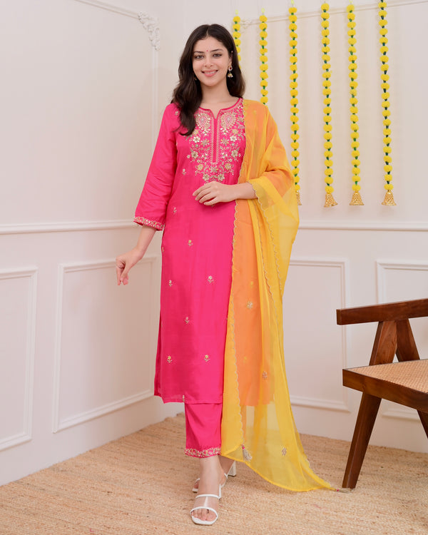 Fuchsia Pink Handwork Chanderi Silk Festive Suit