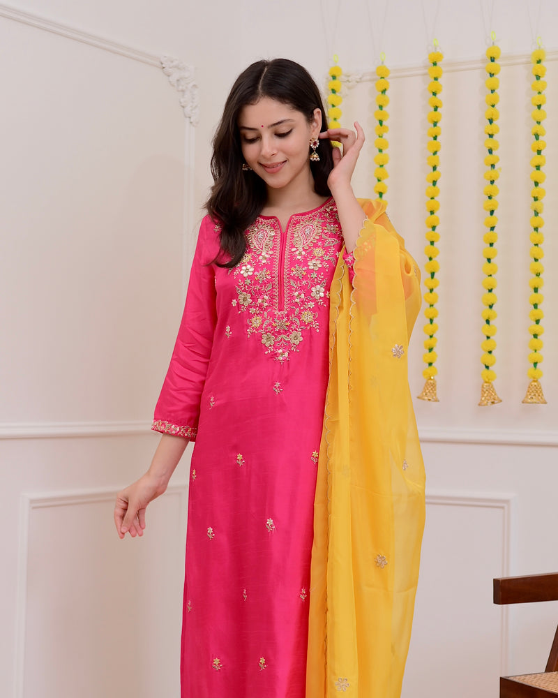 Fuchsia Pink Handwork Chanderi Silk Festive Suit