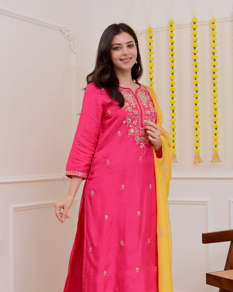Fuchsia Pink Handwork Chanderi Silk Festive Suit