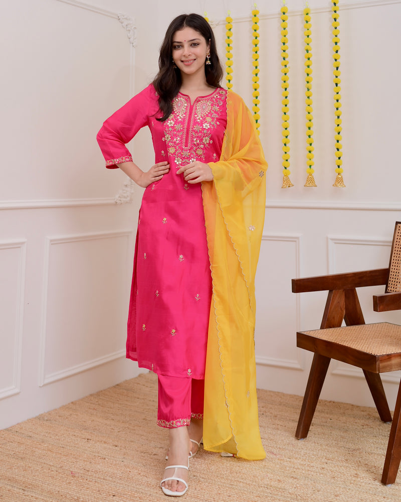 Fuchsia Pink Handwork Chanderi Silk Festive Suit