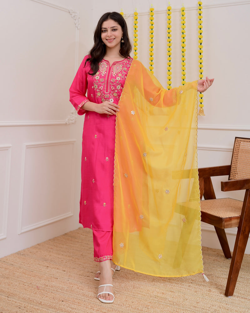 Fuchsia Pink Handwork Chanderi Silk Festive Suit