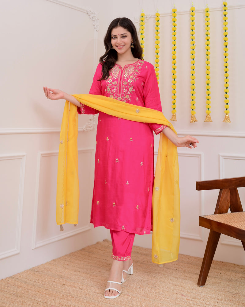 Fuchsia Pink Handwork Chanderi Silk Festive Suit