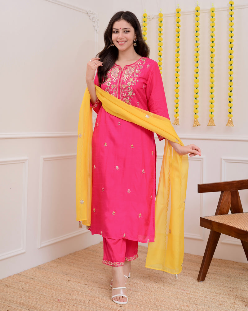 Fuchsia Pink Handwork Chanderi Silk Festive Suit