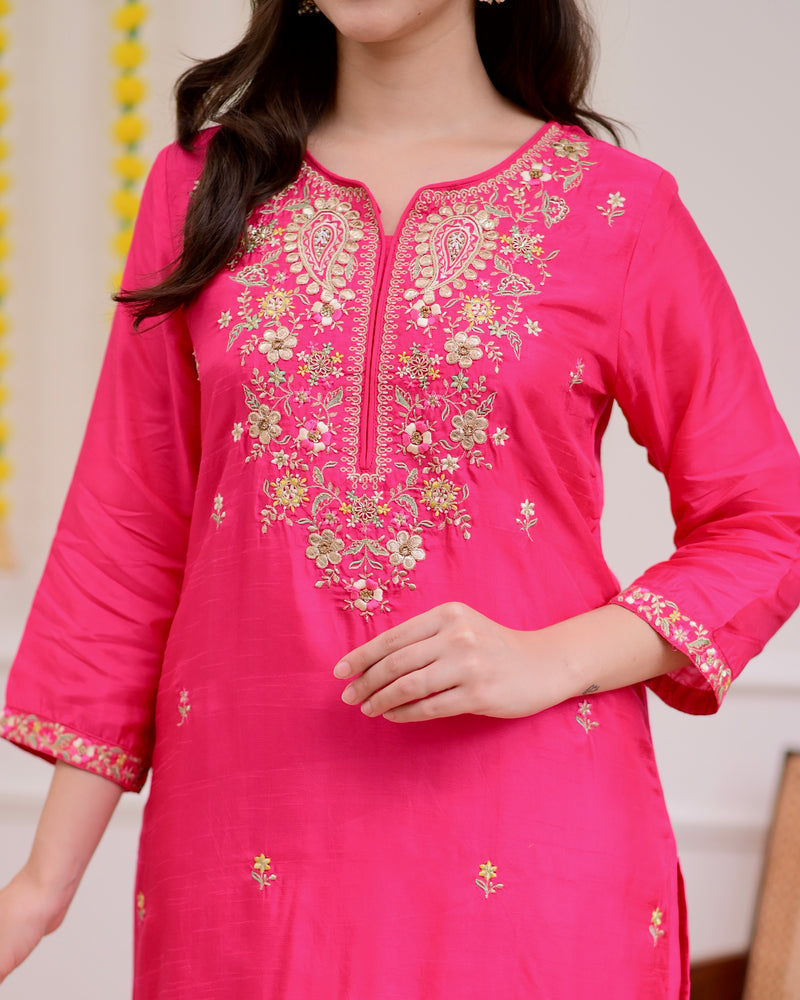 Fuchsia Pink Handwork Chanderi Silk Festive Suit