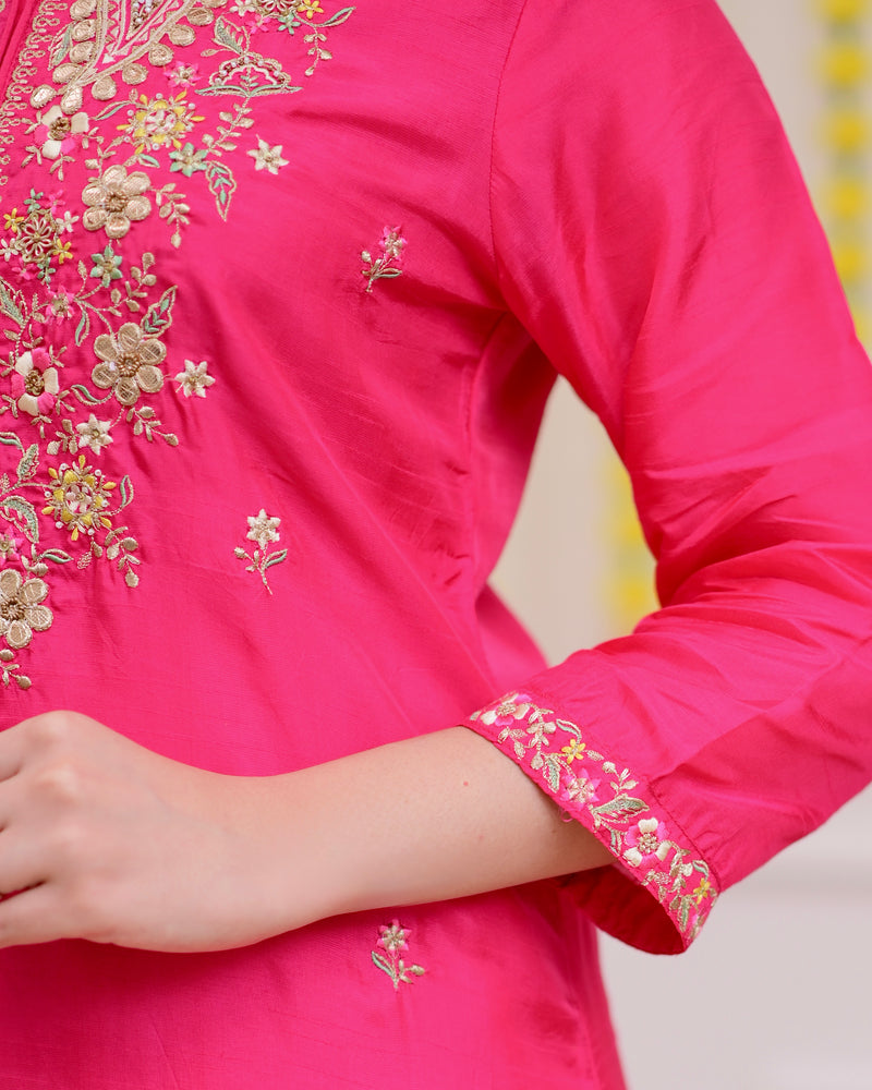 Fuchsia Pink Handwork Chanderi Silk Festive Suit