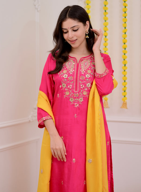 Fuchsia Pink Handwork Chanderi Silk Festive Suit