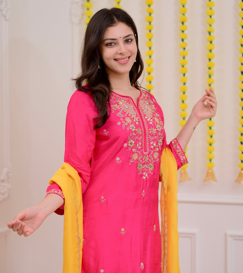 Fuchsia Pink Handwork Chanderi Silk Festive Suit