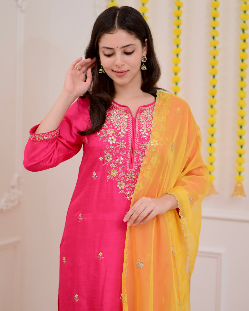 Fuchsia Pink Handwork Chanderi Silk Festive Suit