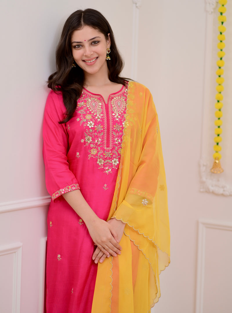 Fuchsia Pink Handwork Chanderi Silk Festive Suit