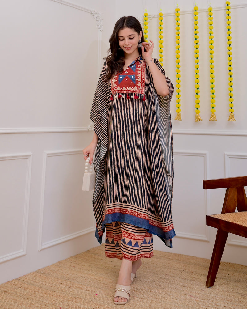Black Maroon Striped Cotton Muslin Kaftan Set