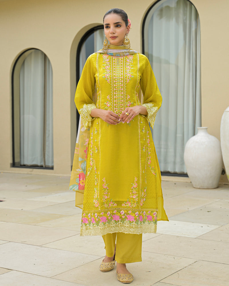 Sunshine Yellow Pakistani Handwork Premium Crush Suit