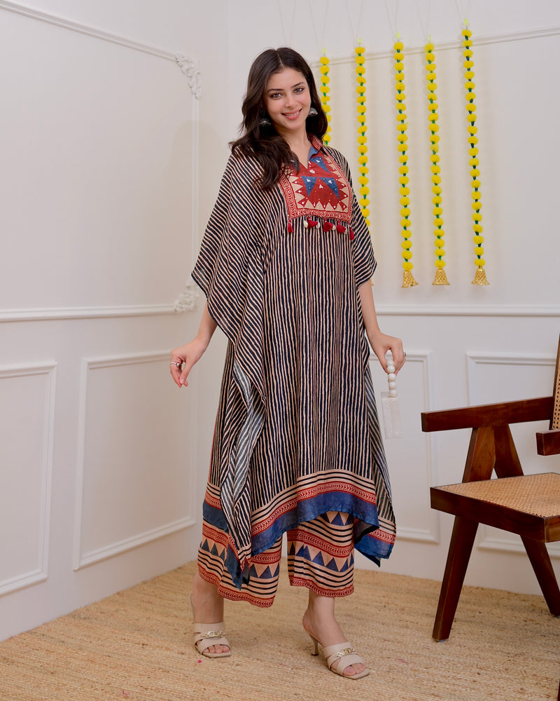 Black Maroon Striped Cotton Muslin Kaftan Set