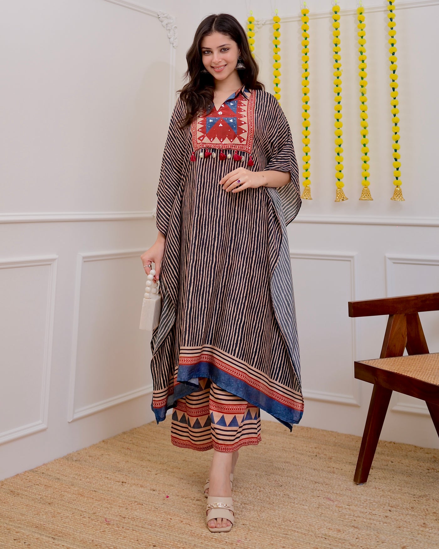 Black Maroon Striped Cotton Muslin Kaftan Set