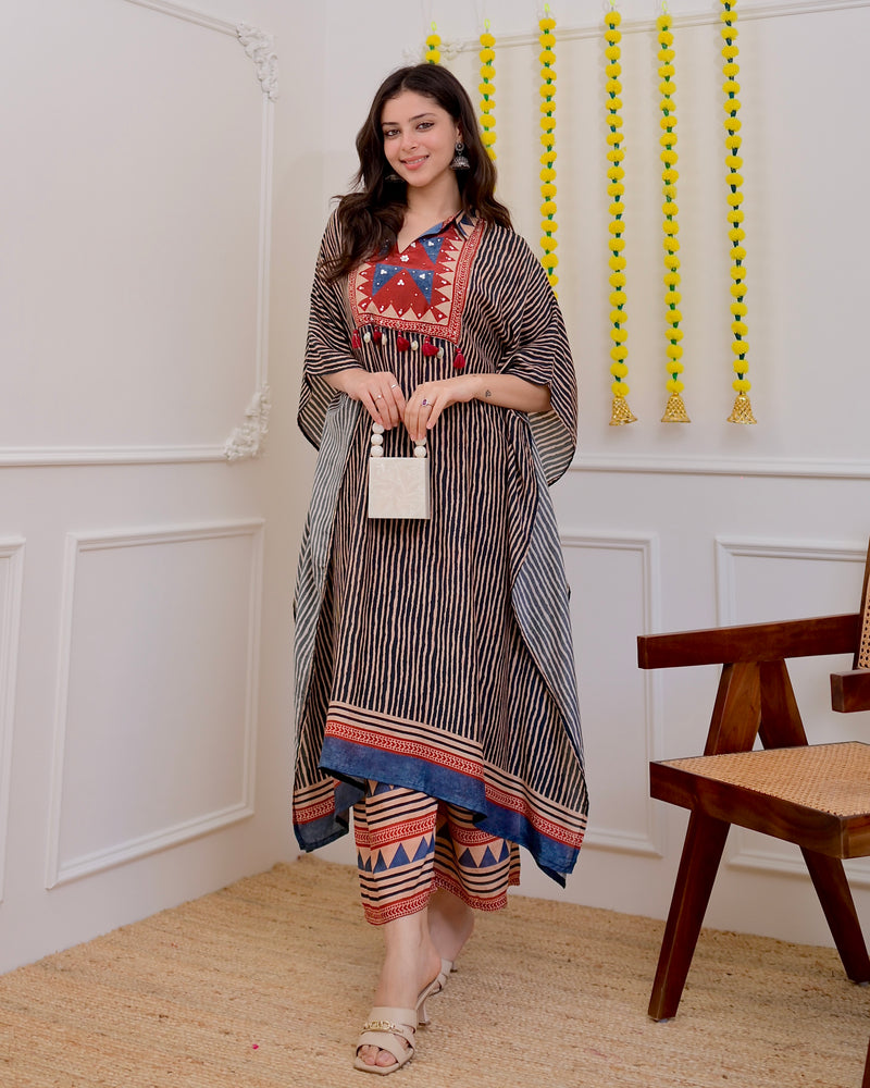 Black Maroon Striped Cotton Muslin Kaftan Set