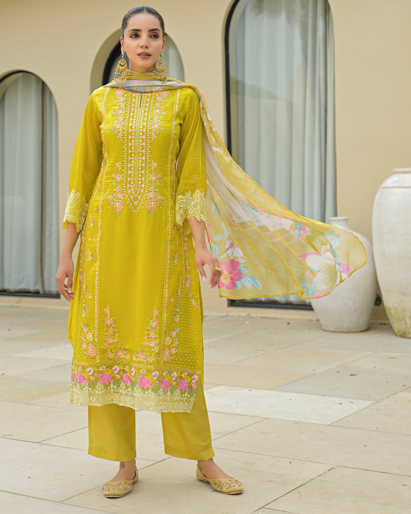 Sunshine Yellow Pakistani Handwork Premium Crush Suit