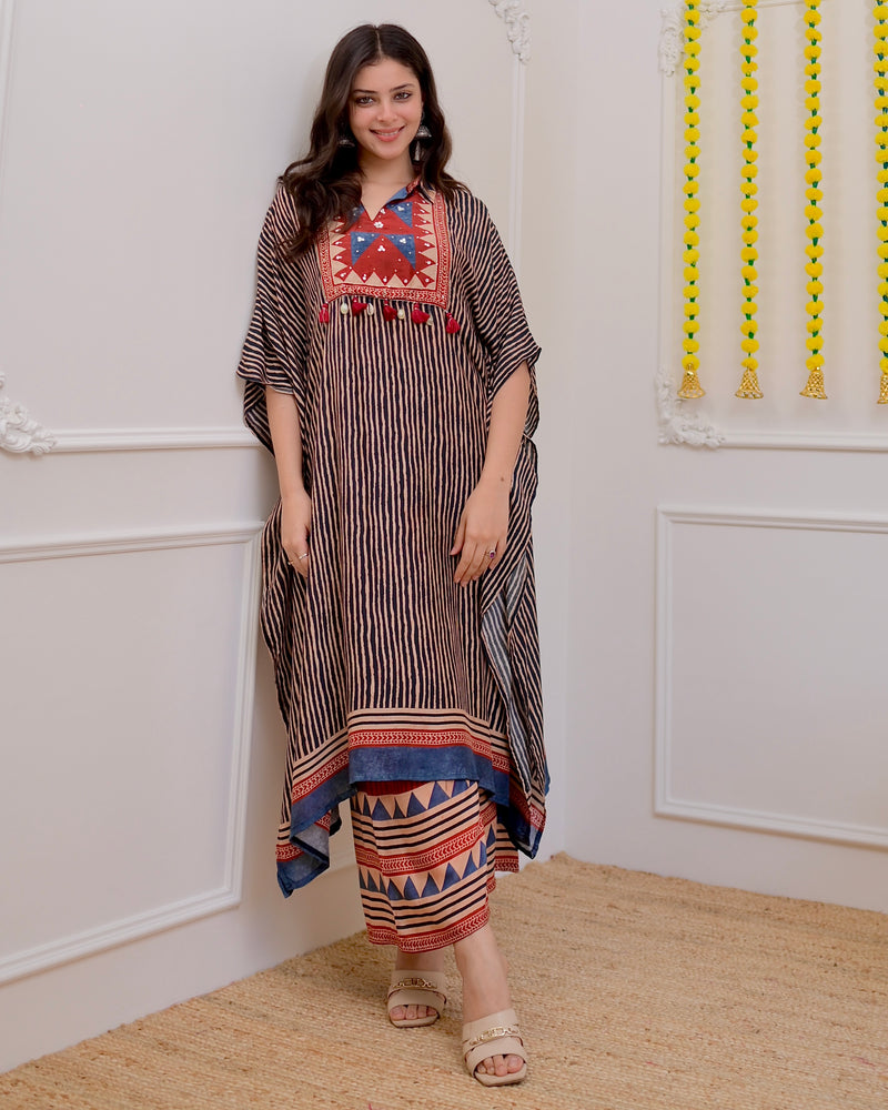 Black Maroon Striped Cotton Muslin Kaftan Set