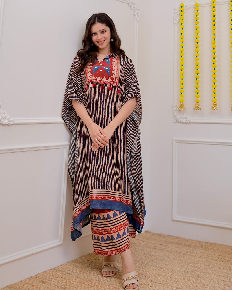 Black Maroon Striped Cotton Muslin Kaftan Set