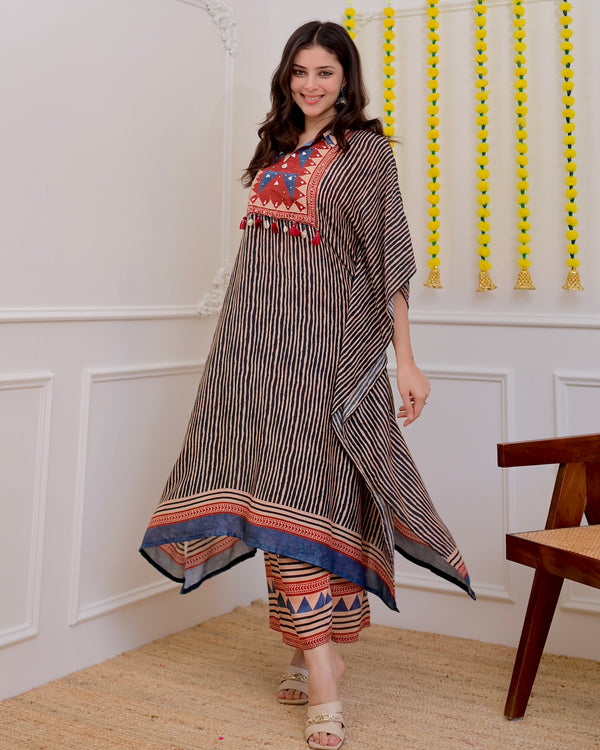 Black Maroon Striped Cotton Muslin Kaftan Set