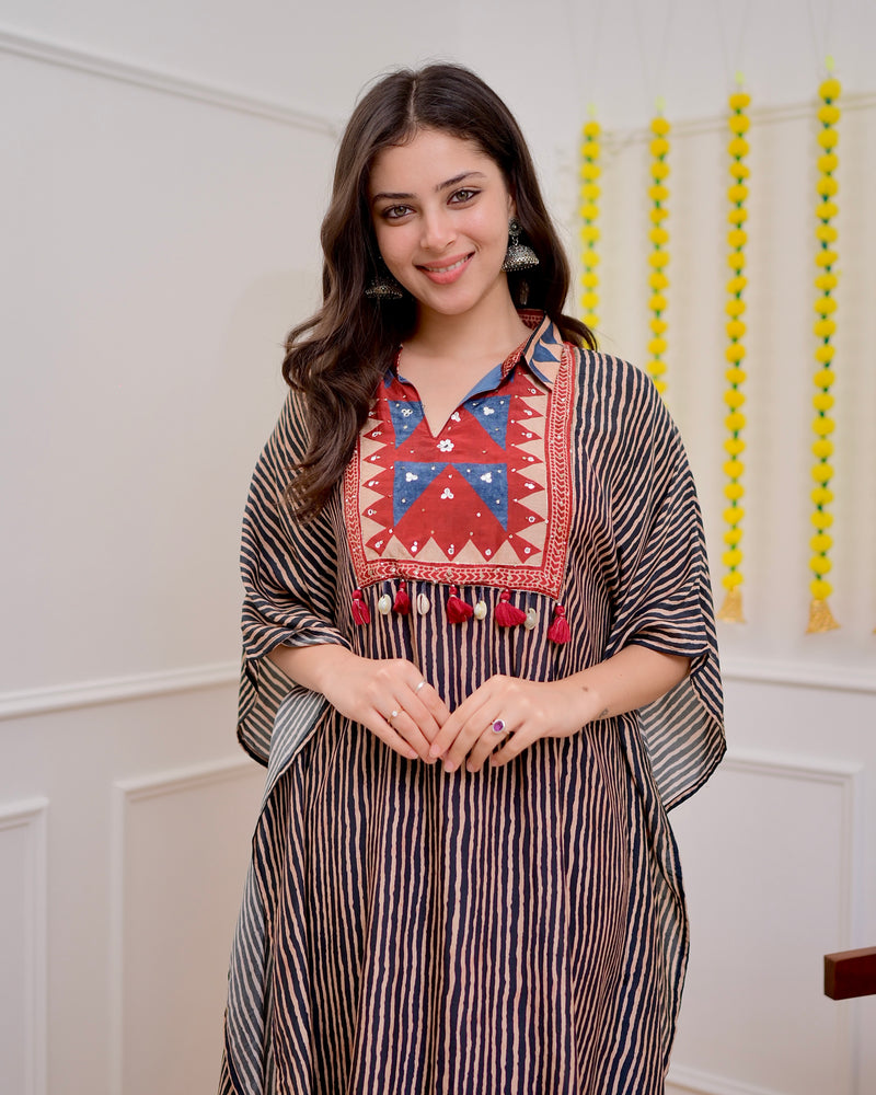 Black Maroon Striped Cotton Muslin Kaftan Set