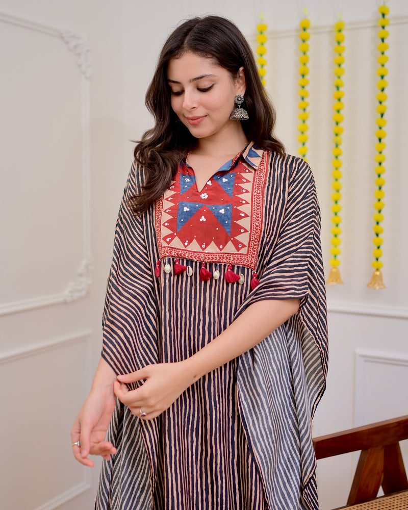 Black Maroon Striped Cotton Muslin Kaftan Set