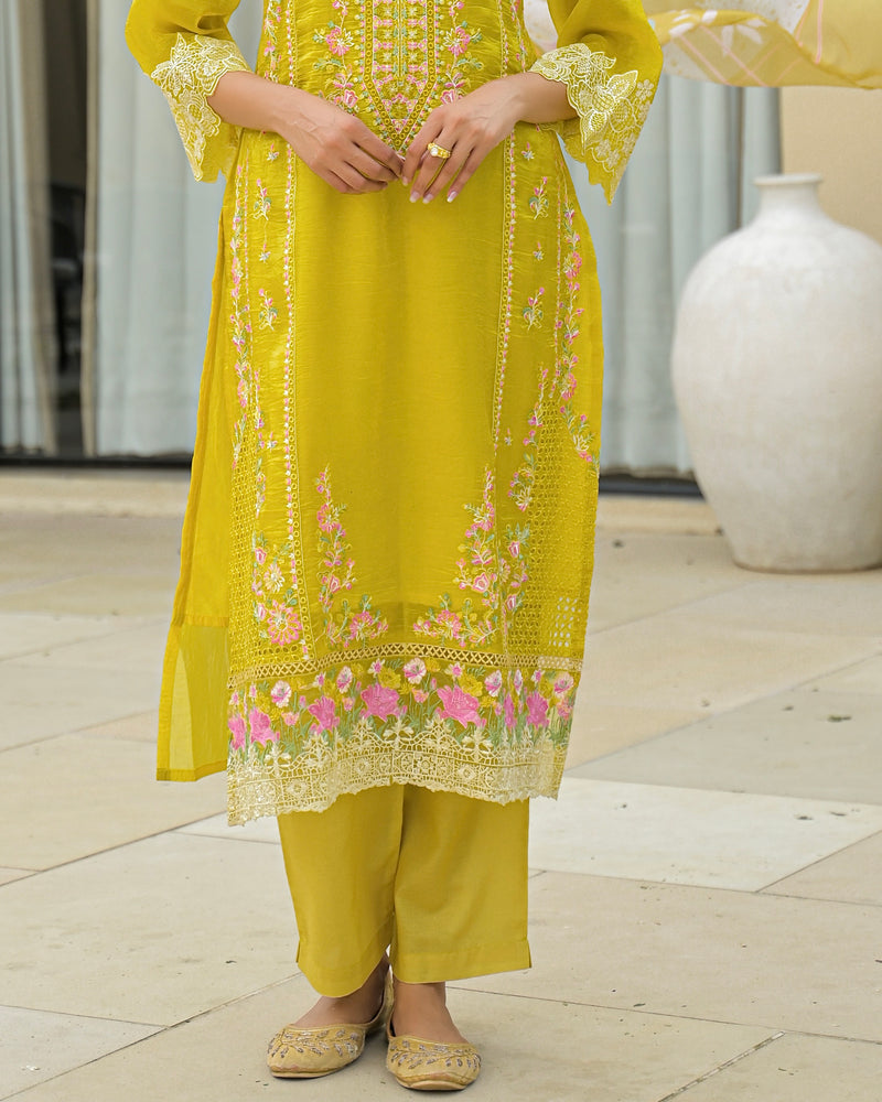 Sunshine Yellow Pakistani Handwork Premium Crush Suit