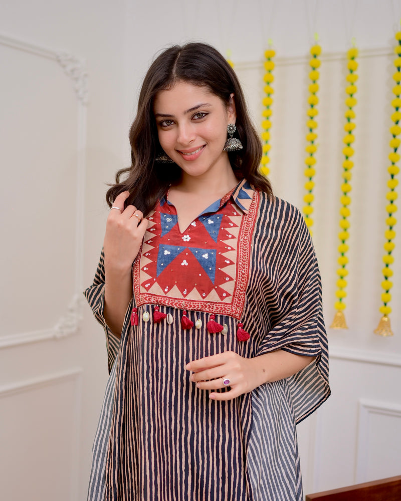 Black Maroon Striped Cotton Muslin Kaftan Set