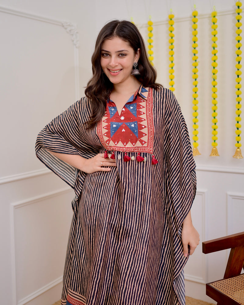 Black Maroon Striped Cotton Muslin Kaftan Set