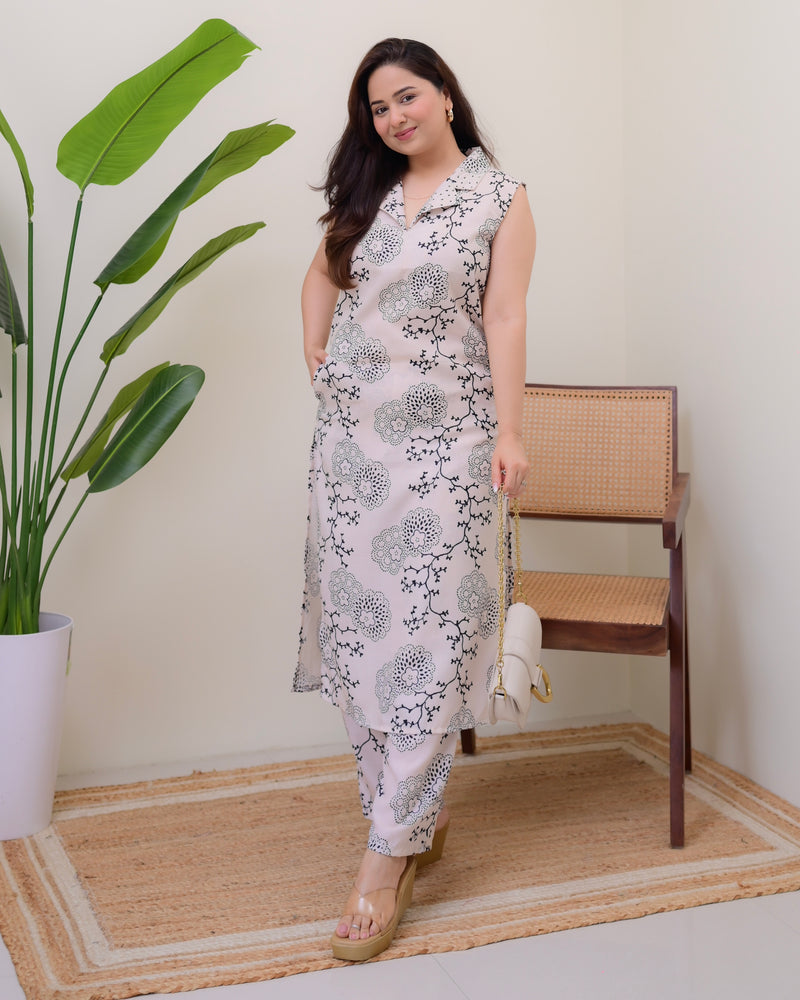 Ivory Black Linen Floral Printed Kurta Set