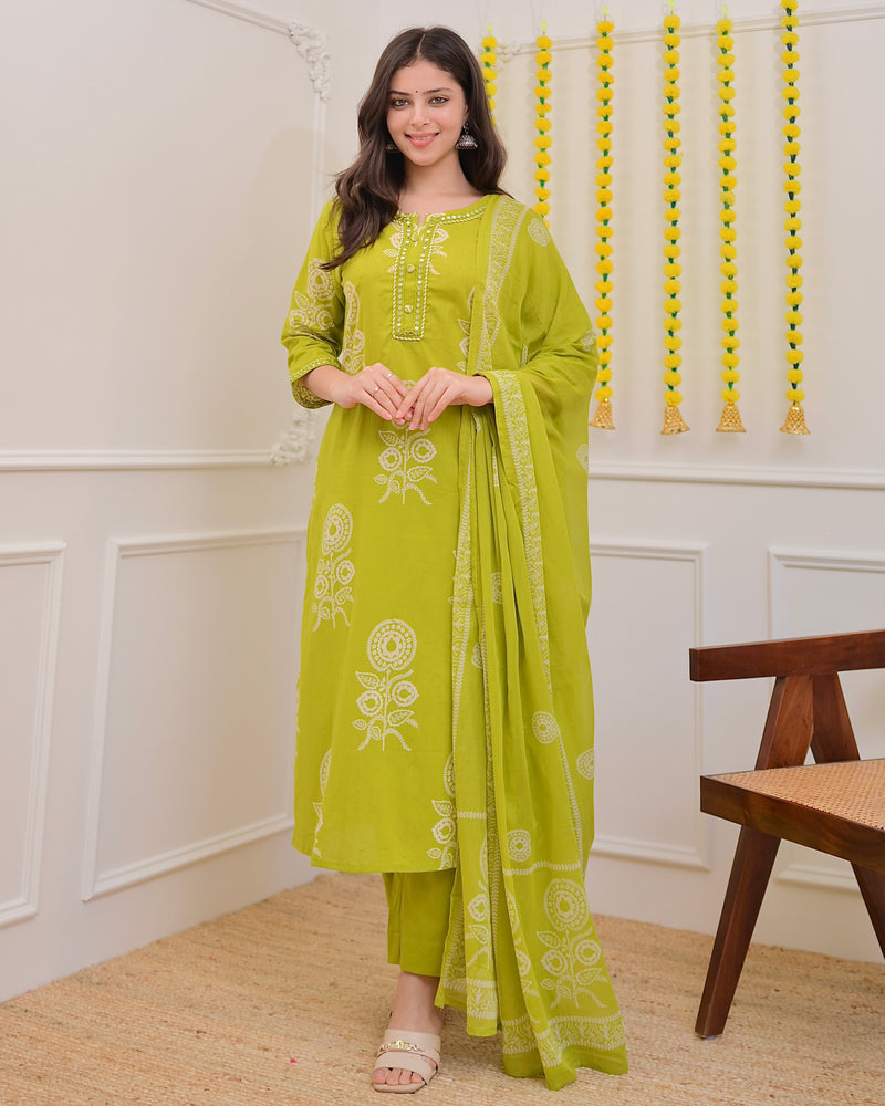 Lime Green Premium Cotton Mirror Suit