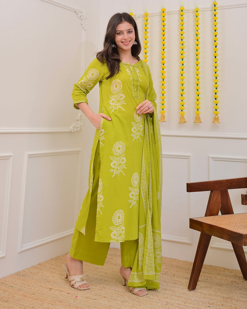 Lime Green Premium Cotton Mirror Suit