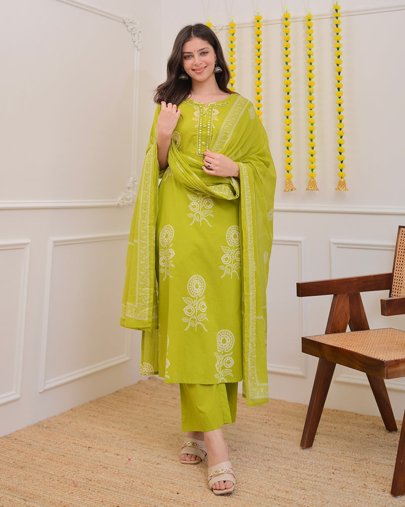 Lime Green Premium Cotton Mirror Suit