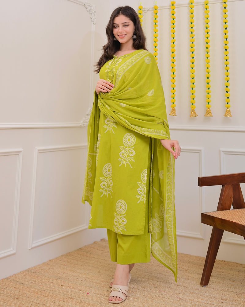 Lime Green Premium Cotton Mirror Suit