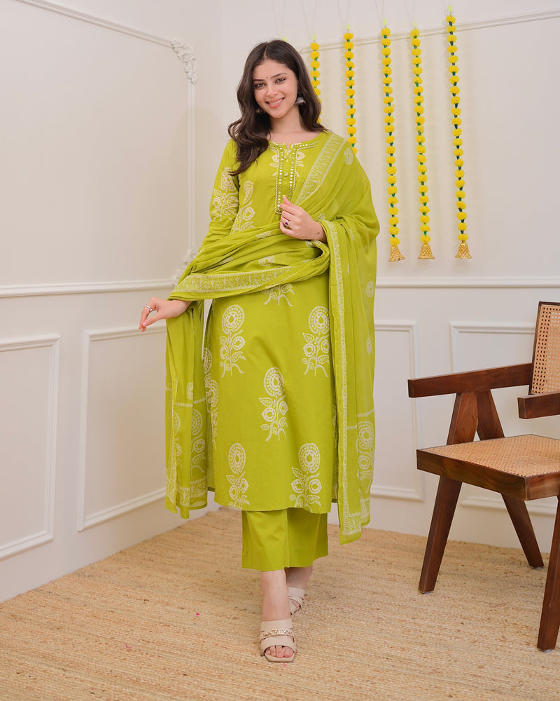 Lime Green Premium Cotton Mirror Suit
