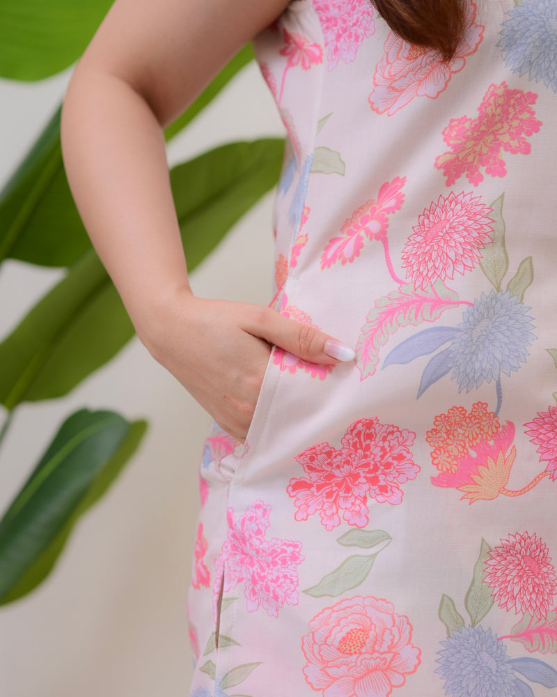 Ivory Peach Linen Floral Printed Kurta Set