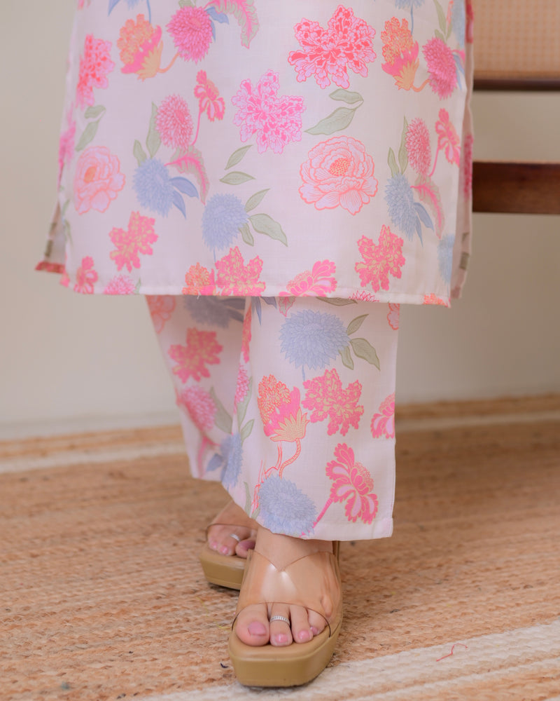 Ivory Peach Linen Floral Printed Kurta Set