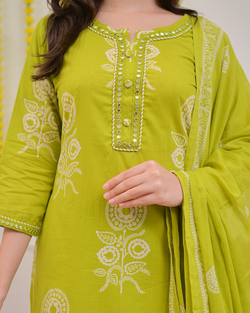 Lime Green Premium Cotton Mirror Suit