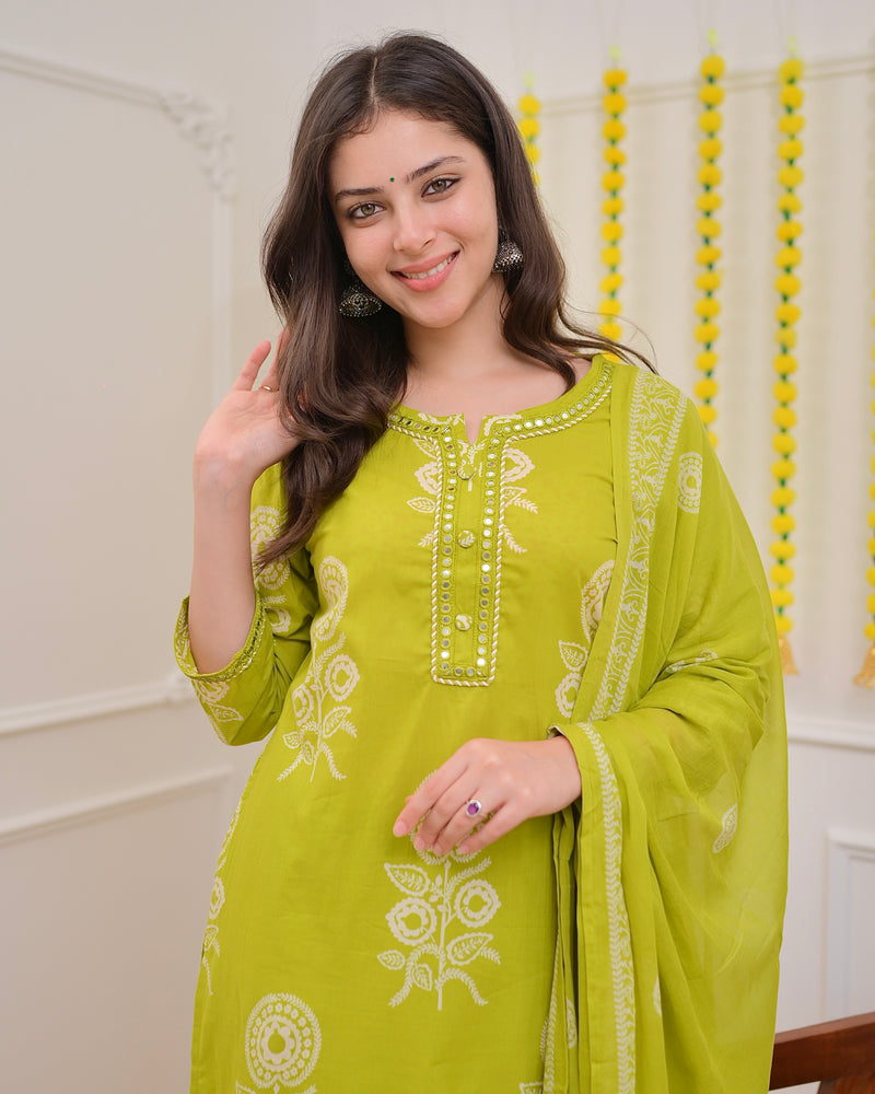 Lime Green Premium Cotton Mirror Suit