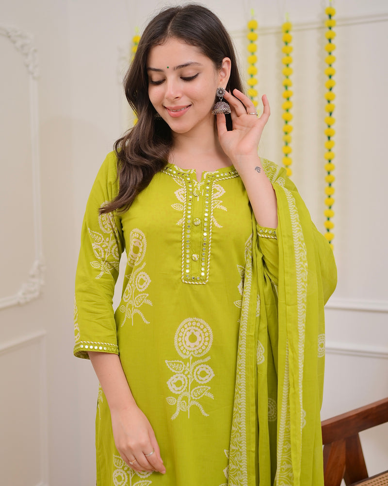 Lime Green Premium Cotton Mirror Suit
