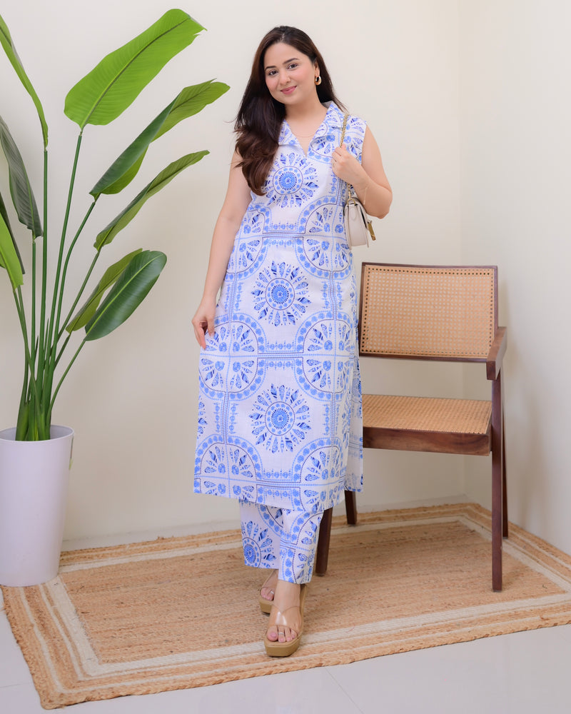 Ivory Blue Linen Floral Printed Kurta Set