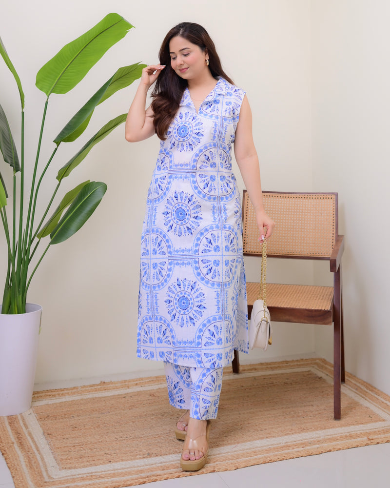 Ivory Blue Linen Floral Printed Kurta Set