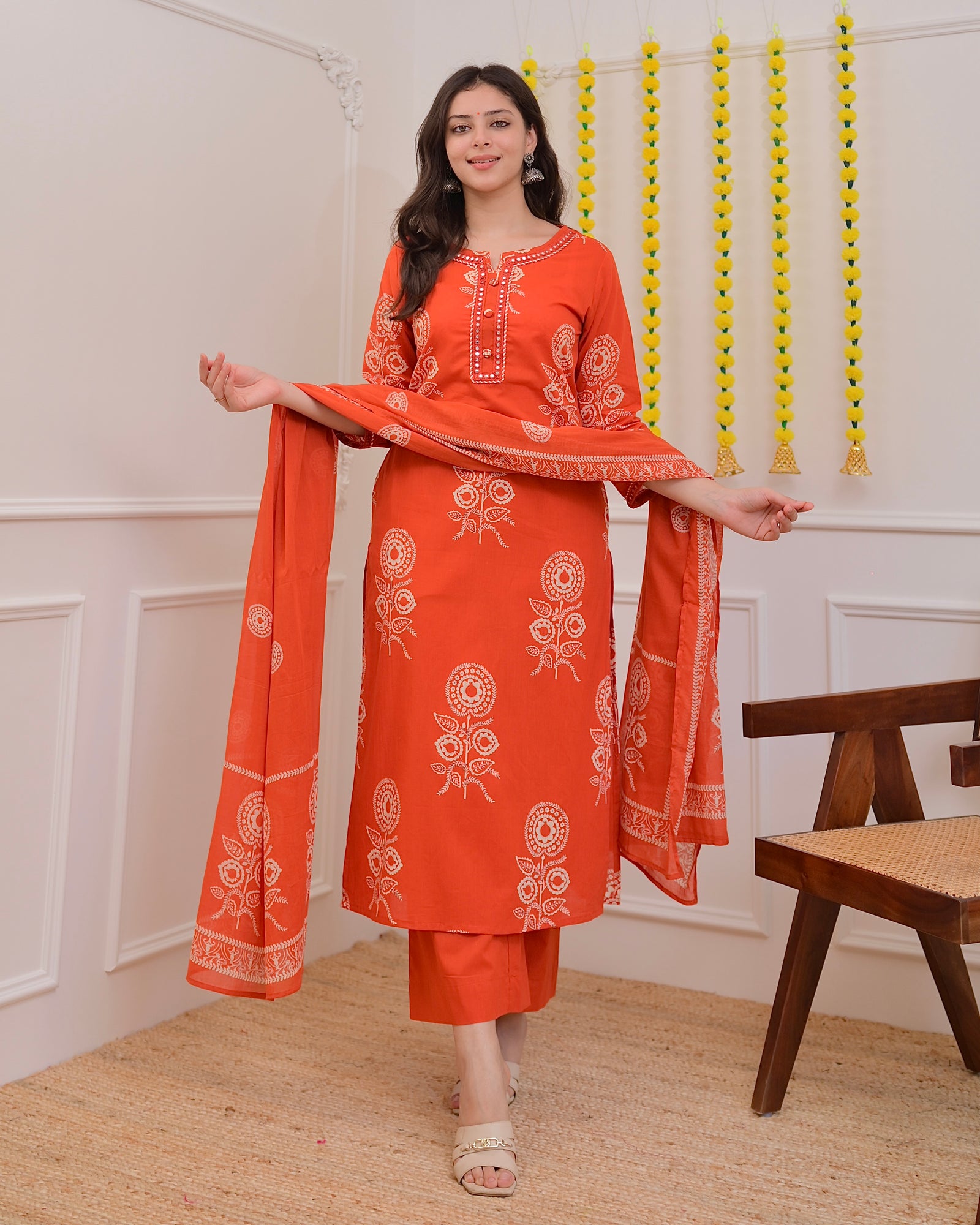 Orange Mirror Work 3 Piece Premium Cotton Luxe Suit Set For Women